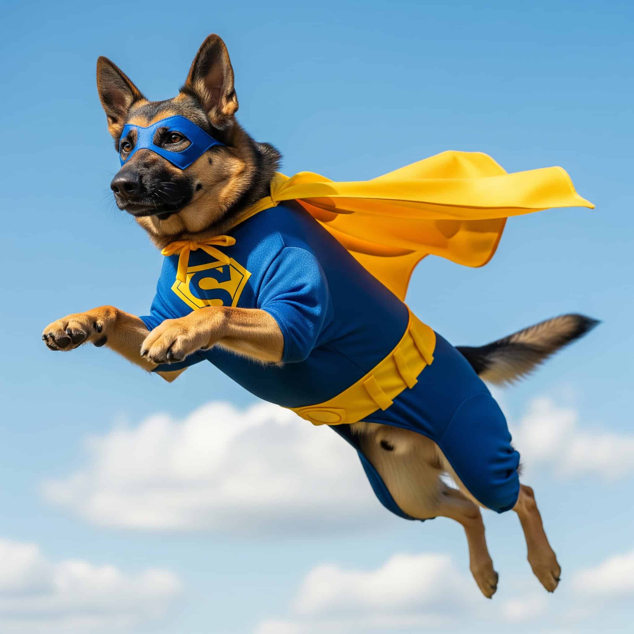 A German Shepherd in a pet costume, dressed as a superhero with a blue suit, yellow cape, and mask, appears to be flying against a blue sky with clouds.