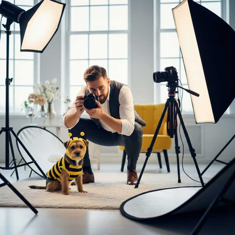 A man squats with a camera, photographing a small dog in a pet costume—dressed as a bee—in a bright studio with professional lighting equipment and a yellow chair in the background.