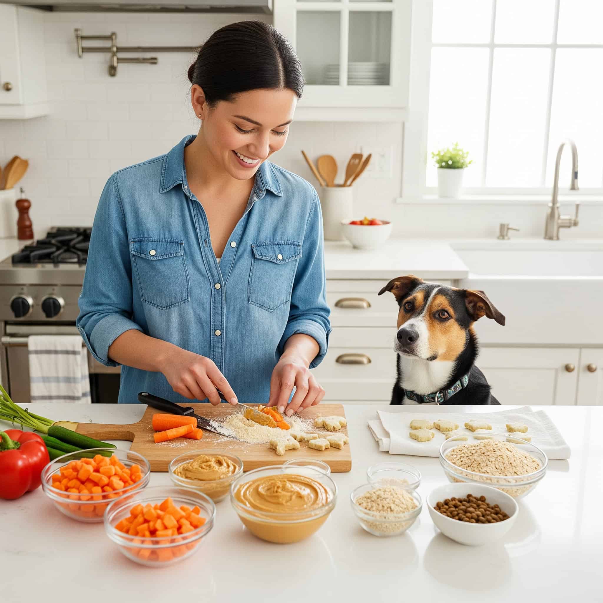 A woman smiles while preparing homemade dog treats in a bright kitchen. Various ingredients, including carrots, peanut butter, and oats, are on the counter. Her dog, wearing a cute pet costume, sits beside her, watching attentively.