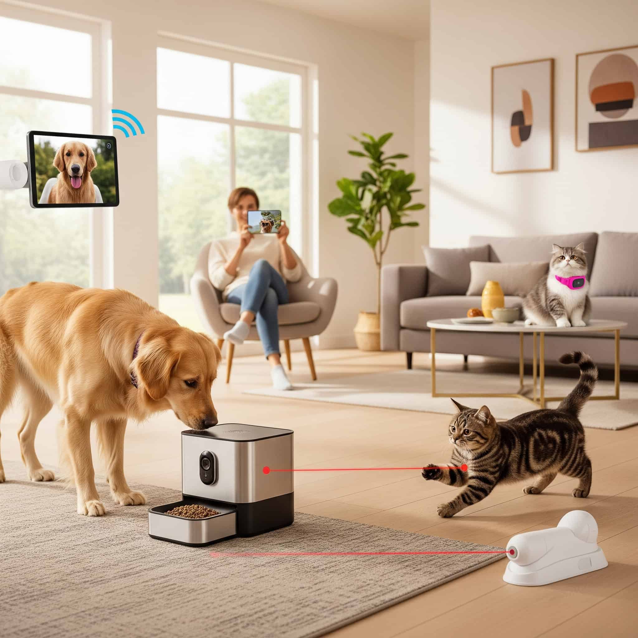 A woman sits on a sofa using her phone while a dog in a pet costume eats from a smart feeder, a kitten plays with a red laser pointer, and a cat with a pink collar sits on the table. A video chat with a dog is displayed on the wall-mounted tablet.