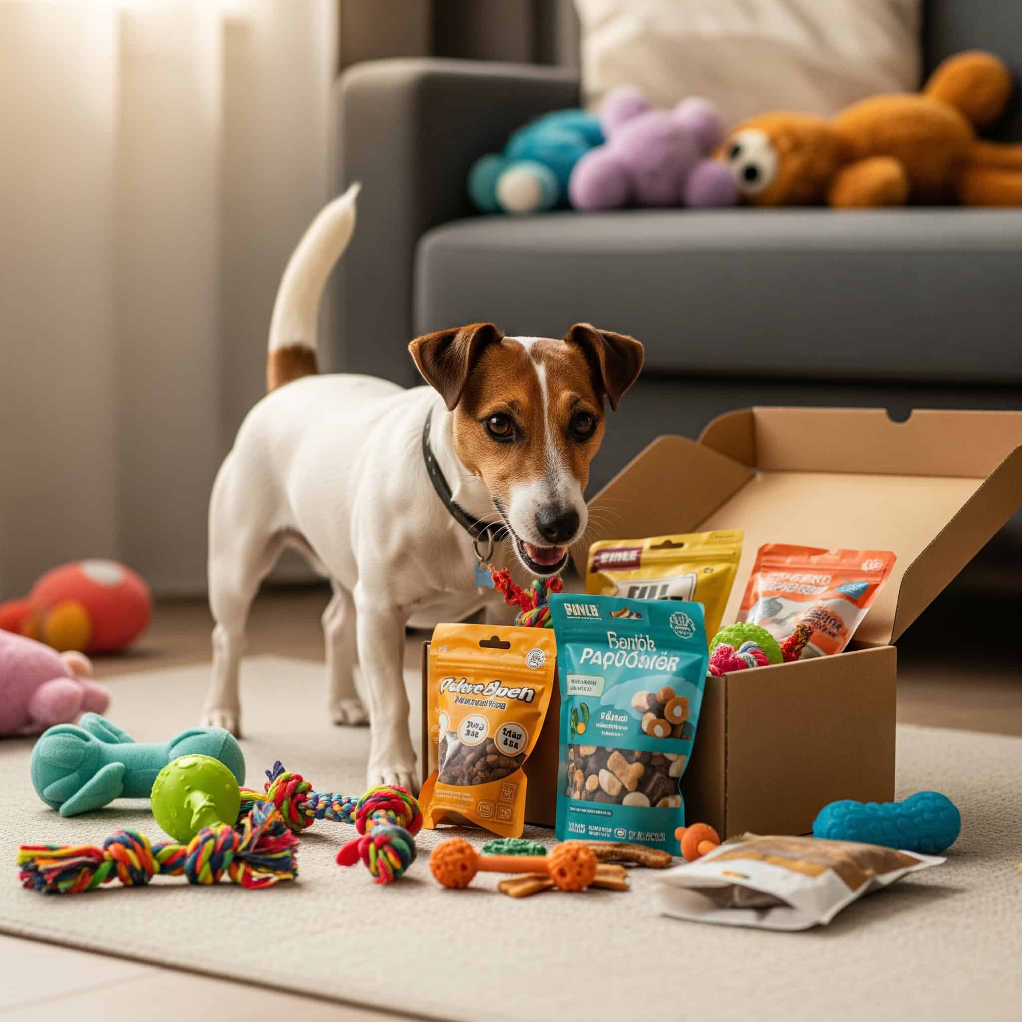 A small dog in a cute pet costume stands by an open box filled with various treats and toys in a living room, with more toys scattered on the floor and a sofa with colorful stuffed animals in the background.