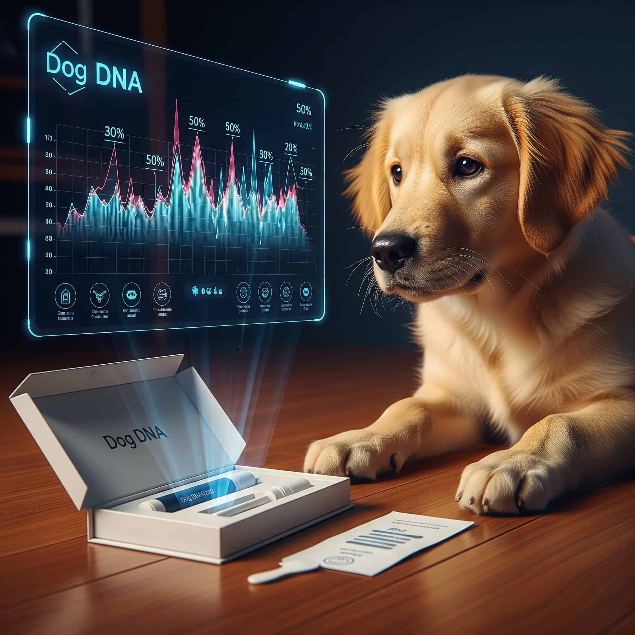 A golden retriever puppy in a cute pet costume sits beside an open Dog DNA test kit, with a digital DNA analysis chart displayed above, showing genetic data results and colorful graphs.