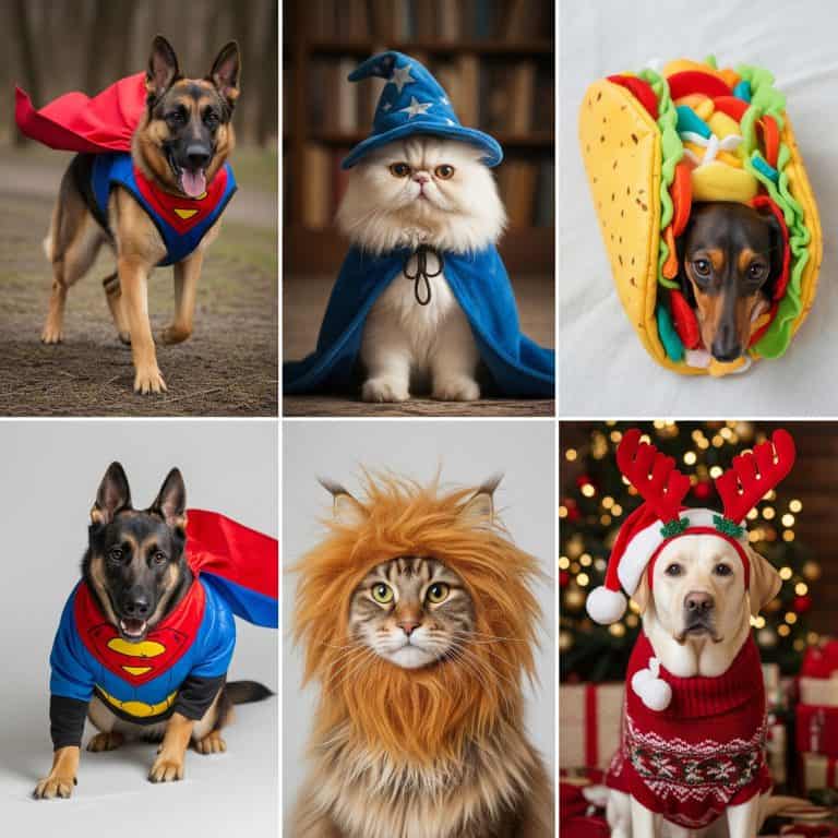Six pets in adorable pet costumes: two dogs as Superman, a cat in a wizard hat and cape, a dog dressed as a taco, a cat with a lion’s mane, and a dog with reindeer antlers and red sweater by festive holiday decorations.
