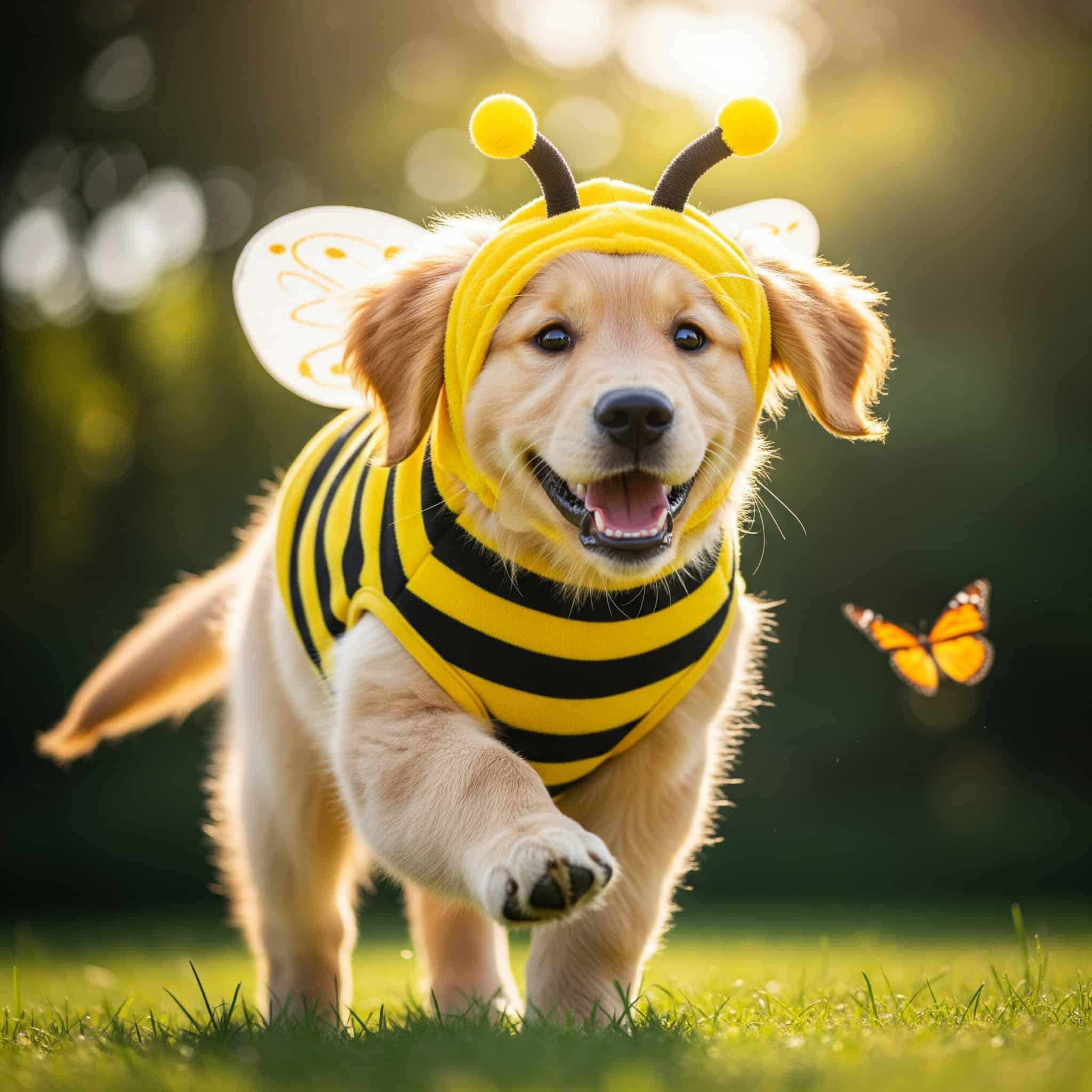 A golden retriever puppy in a yellow and black pet costume runs on grass, smiling, with a butterfly flying nearby and sunlight in the background.