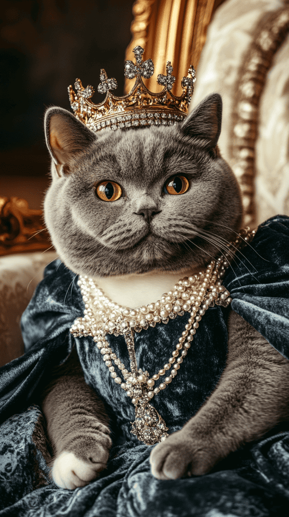 A queenly lineup of cats in elegant gowns and delicate tiaras exudes feline royalty. Each look brings a different kind of charm to the throne.