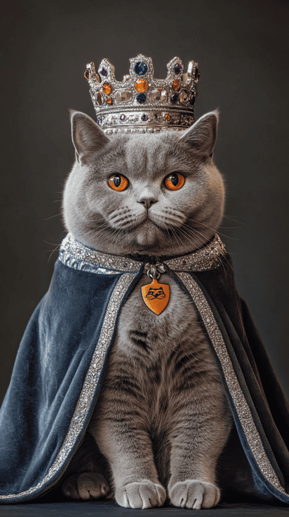 A cat draped in velvet and crowned in soft jewels channels the splendor of medieval royalty. Subtle crests and silver accents add a noble finish to its regal stance.