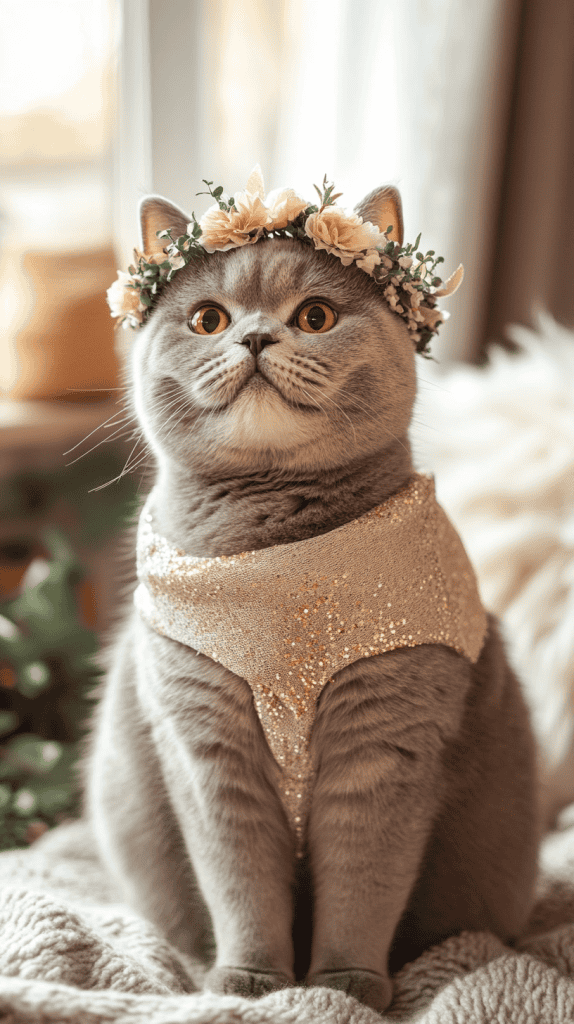 A cat wears a delicate flower crown and soft chiffon with effortless grace, blending elegance and comfort. Pastel tones and subtle details highlight its natural poise.