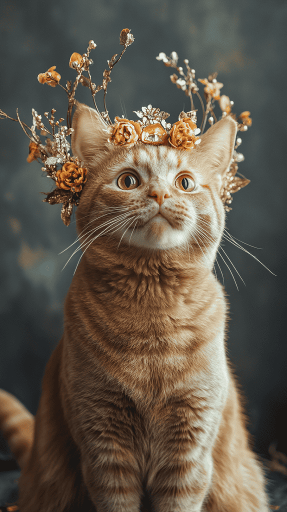 A cat wears velvet-detailed accessories with a curved faux tail, seated in a regal indoor space. Every detail remains natural and refined, highlighting the costume’s elegance without distraction.