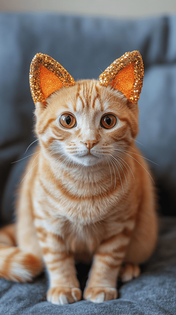 A cat wears velvet-detailed accessories with a curved faux tail, seated in a regal indoor space. Every detail remains natural and refined, highlighting the costume’s elegance without distraction.