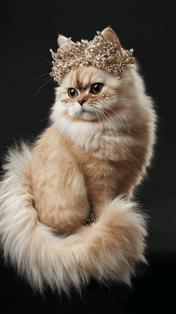 A cat wears velvet-detailed accessories with a curved faux tail, seated in a regal indoor space. Every detail remains natural and refined, highlighting the costume’s elegance without distraction.