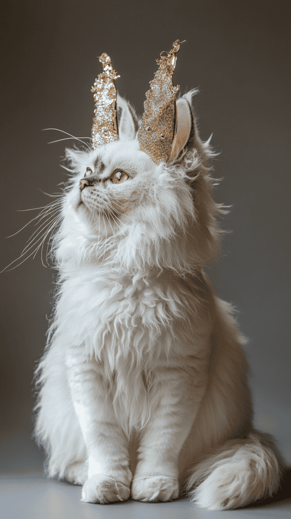 A cat wears velvet-detailed accessories with a curved faux tail, seated in a regal indoor space. Every detail remains natural and refined, highlighting the costume’s elegance without distraction.