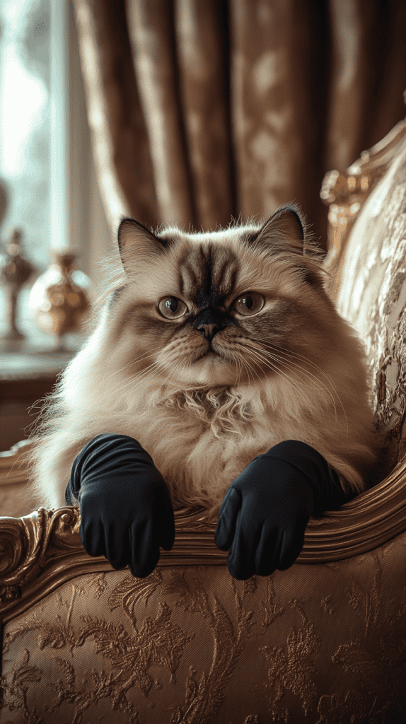 A cat wears small, clearly visible black gloves on its front paws while calmly posed on all fours. The refined backdrop, filled with soft textures and subtle regal details, enhances the cat’s quiet elegance.