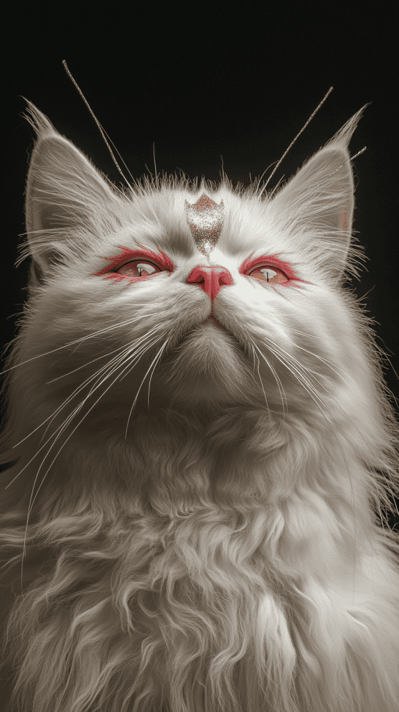 A cat wears precise face paint with a triangle nose, painted whiskers, and shimmering eyelids, all clearly visible against its natural fur. The stylized features enhance its expression without hiding its feline form.