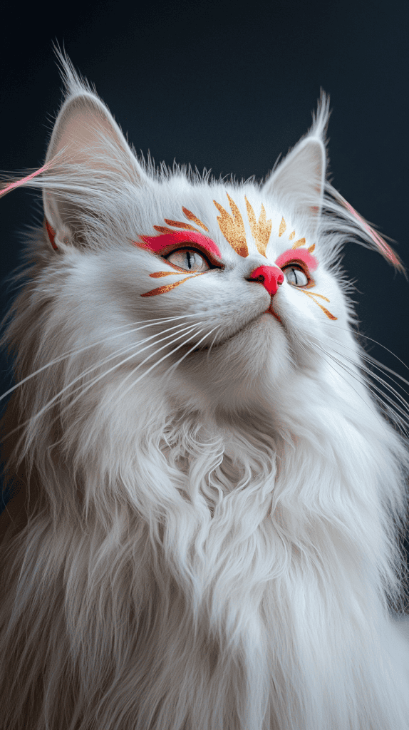 A cat wears precise face paint with a triangle nose, painted whiskers, and shimmering eyelids, all clearly visible against its natural fur. The stylized features enhance its expression without hiding its feline form.