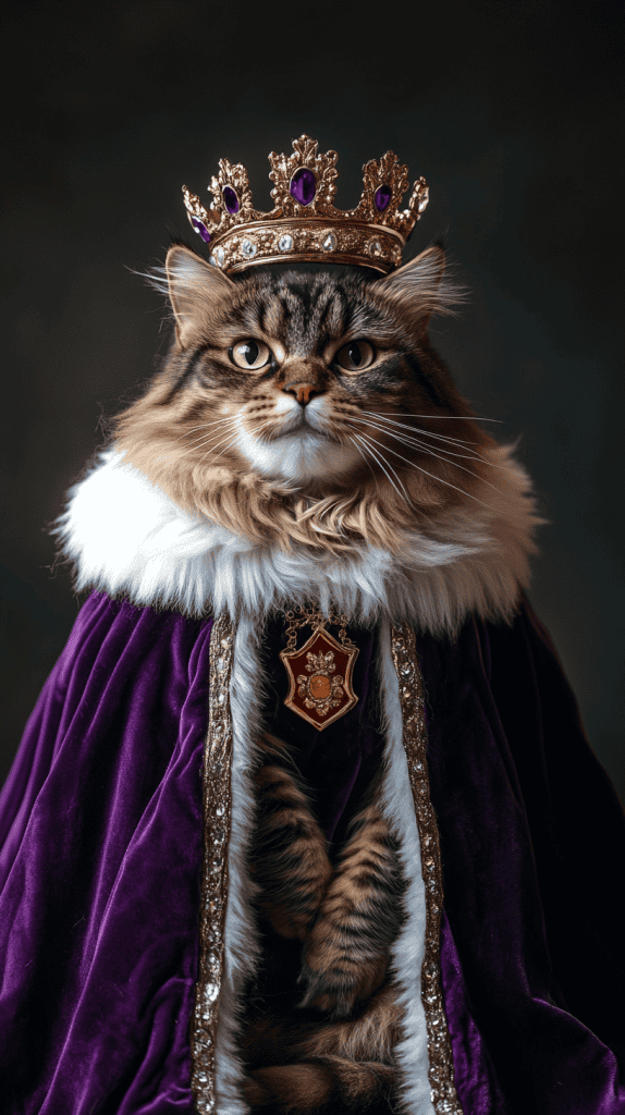 A cat draped in velvet and crowned in soft jewels channels the splendor of medieval royalty. Subtle crests and silver accents add a noble finish to its regal stance.