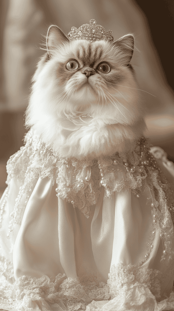 A queenly lineup of cats in elegant gowns and delicate tiaras exudes feline royalty. Each look brings a different kind of charm to the throne.