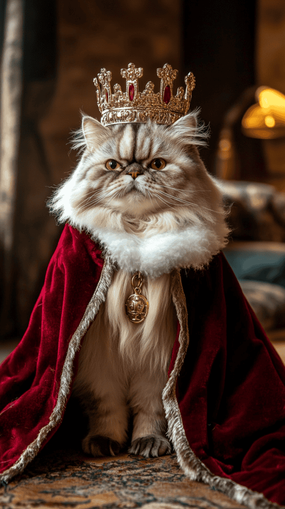A cat dressed in a regal cape and soft crown strikes a proud pose, every detail echoing classic royal elegance. Rich fabrics and subtle accents bring a touch of majesty to this charming scene.