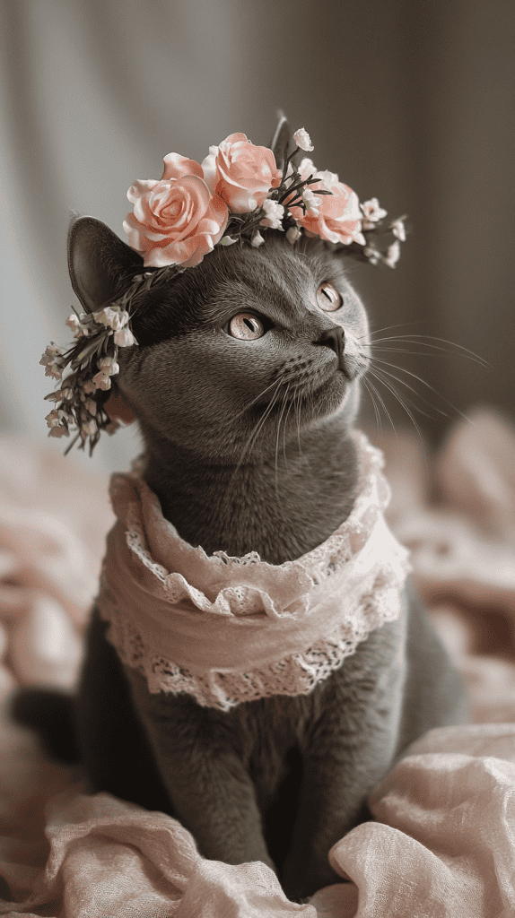 A cat wears a delicate flower crown and soft chiffon with effortless grace, blending elegance and comfort. Pastel tones and subtle details highlight its natural poise.