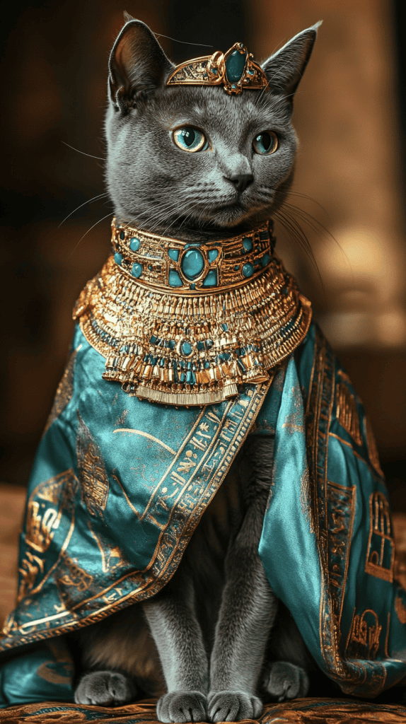 A cat wears regal Egyptian attire with effortless grace, its golden tunic and soft collar echoing the elegance of ancient royalty. Every detail highlights comfort without dimming its royal presence.