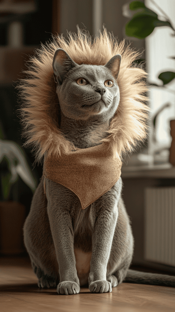 A cat channels the spirit of a lion with its soft mane and subtle costume details. Graceful and composed, it balances wild charm with feline ease.
