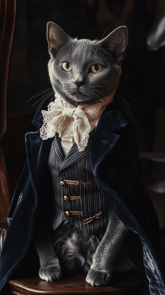 A cat in refined Victorian attire rests with quiet dignity, its velvet coat and lace cravat capturing timeless elegance. Every detail adds to the charm without overshadowing its natural poise.