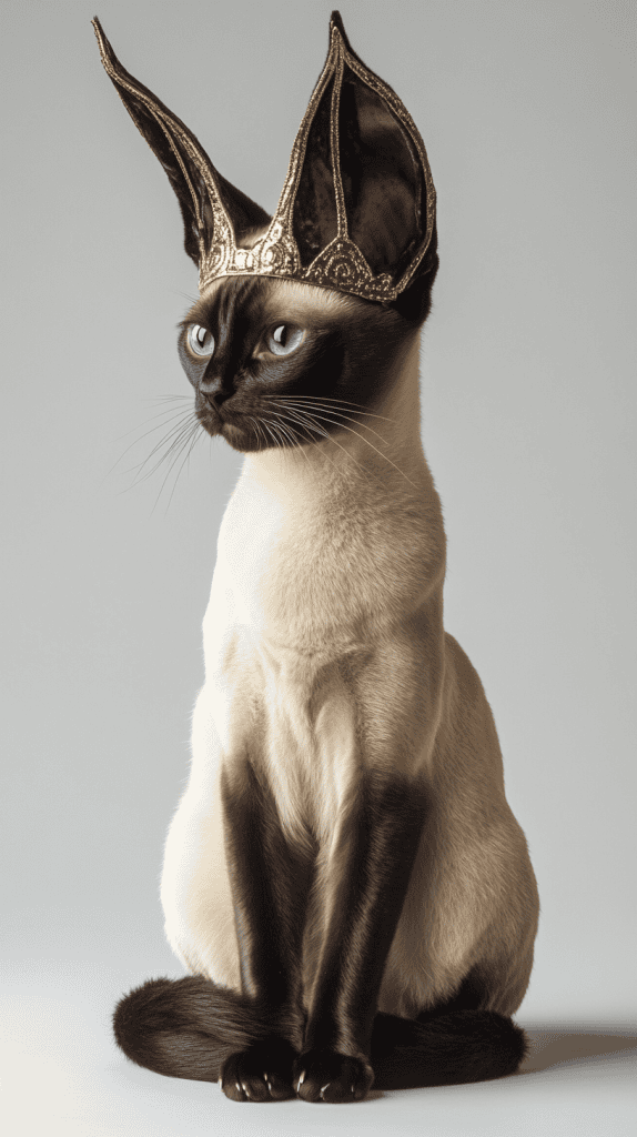 A cat wears velvet-detailed accessories with a curved faux tail, seated in a regal indoor space. Every detail remains natural and refined, highlighting the costume’s elegance without distraction.