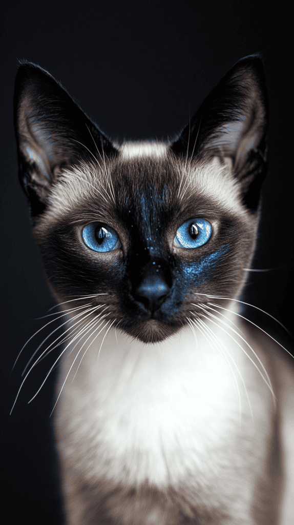 A cat wears precise face paint with a triangle nose, painted whiskers, and shimmering eyelids, all clearly visible against its natural fur. The stylized features enhance its expression without hiding its feline form.