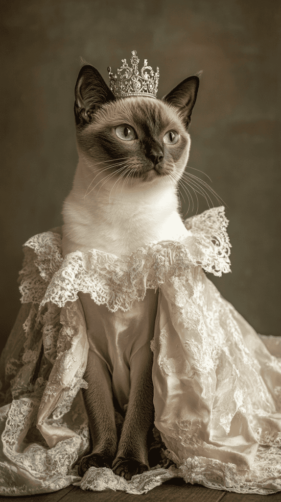 A queenly lineup of cats in elegant gowns and delicate tiaras exudes feline royalty. Each look brings a different kind of charm to the throne.