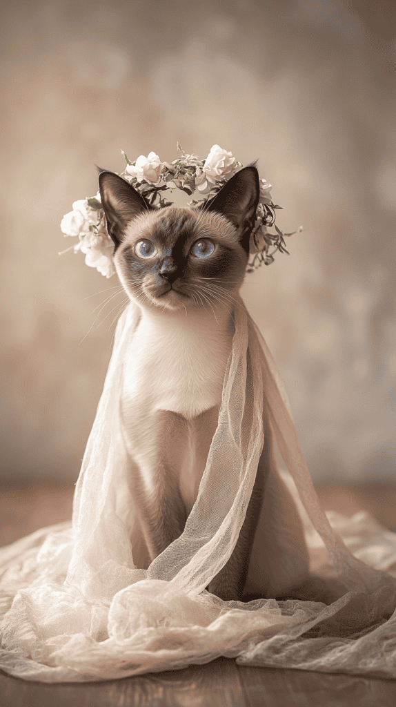 A cat wears a delicate flower crown and soft chiffon with effortless grace, blending elegance and comfort. Pastel tones and subtle details highlight its natural poise.