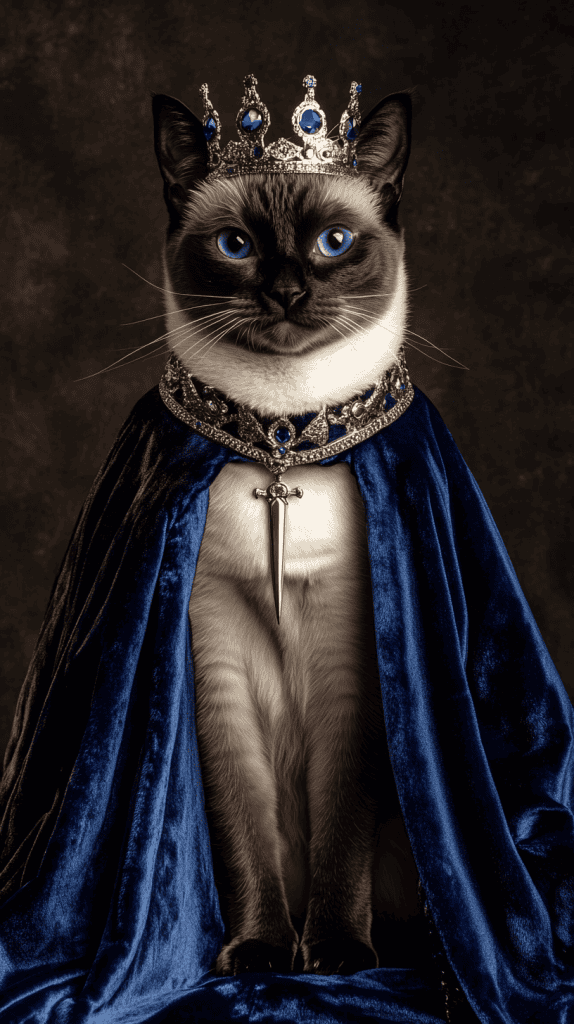 A cat draped in velvet and crowned in soft jewels channels the splendor of medieval royalty. Subtle crests and silver accents add a noble finish to its regal stance.