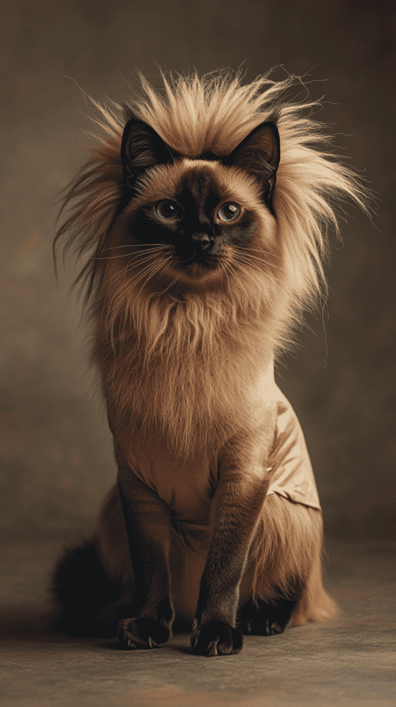 A cat channels the spirit of a lion with its soft mane and subtle costume details. Graceful and composed, it balances wild charm with feline ease.