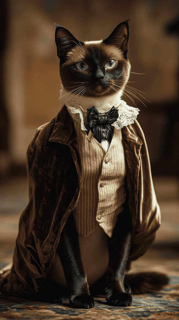 A cat in refined Victorian attire rests with quiet dignity, its velvet coat and lace cravat capturing timeless elegance. Every detail adds to the charm without overshadowing its natural poise.