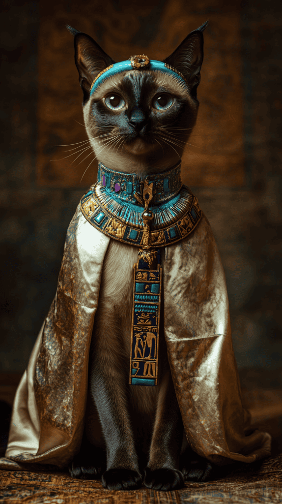 A cat wears regal Egyptian attire with effortless grace, its golden tunic and soft collar echoing the elegance of ancient royalty. Every detail highlights comfort without dimming its royal presence.