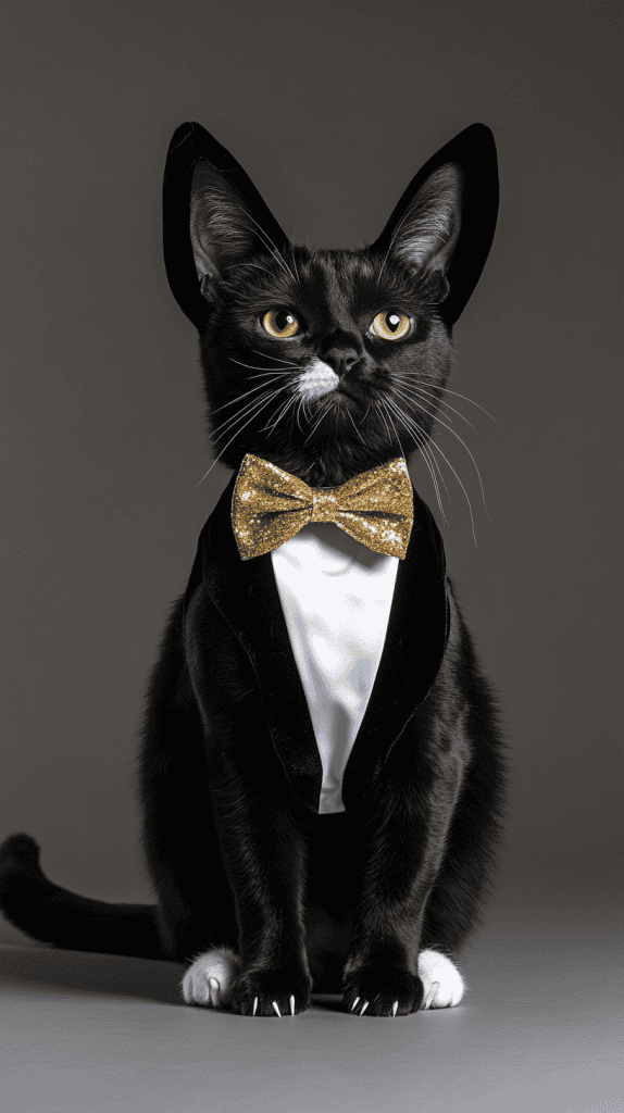 A cat wears velvet-detailed accessories with a curved faux tail, seated in a regal indoor space. Every detail remains natural and refined, highlighting the costume’s elegance without distraction.