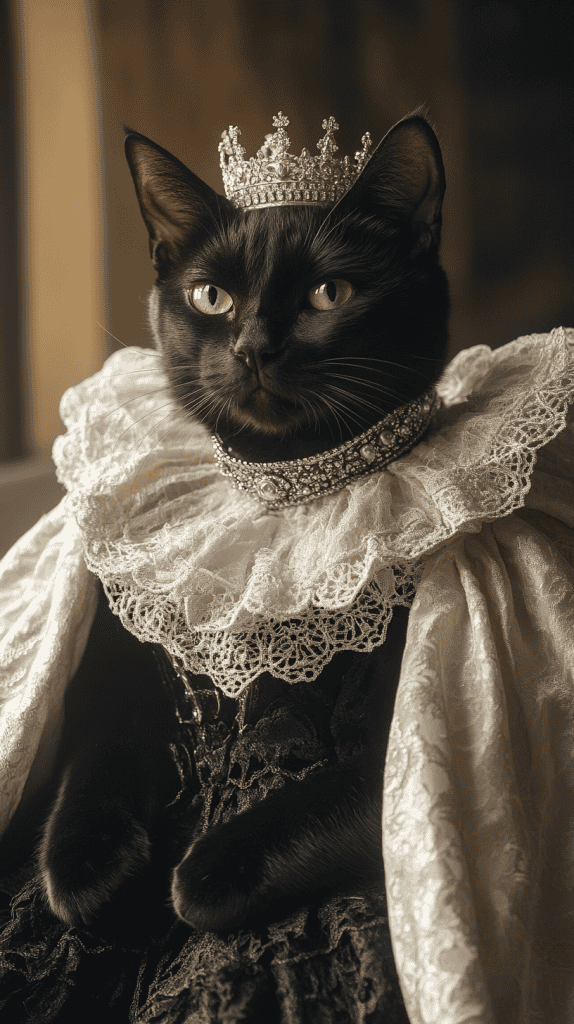 A queenly lineup of cats in elegant gowns and delicate tiaras exudes feline royalty. Each look brings a different kind of charm to the throne.
