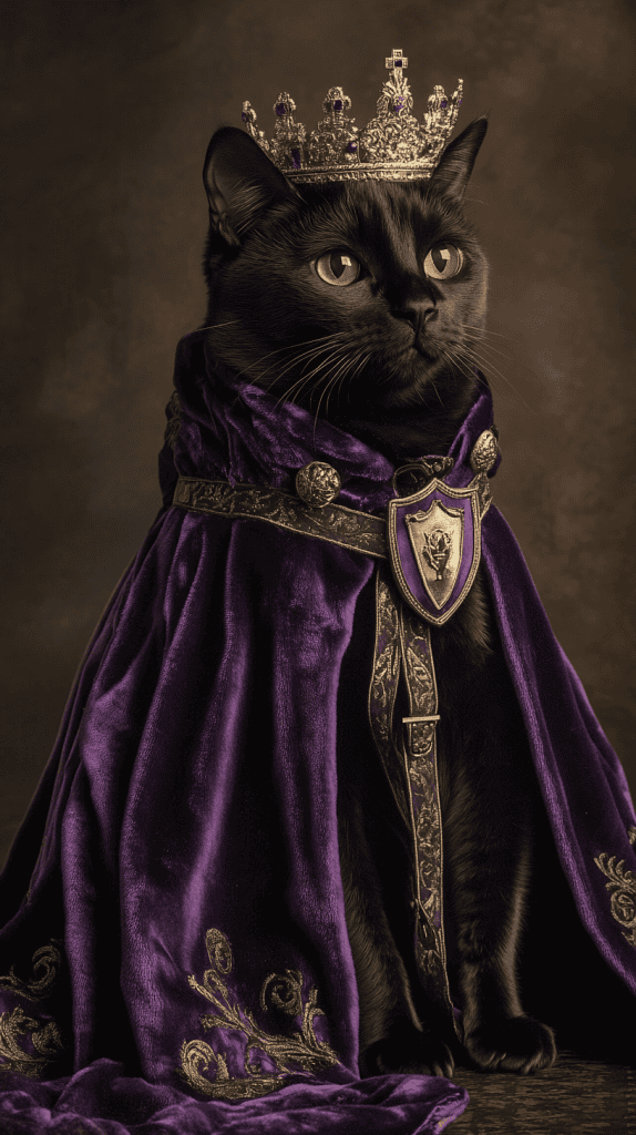 A cat draped in velvet and crowned in soft jewels channels the splendor of medieval royalty. Subtle crests and silver accents add a noble finish to its regal stance.