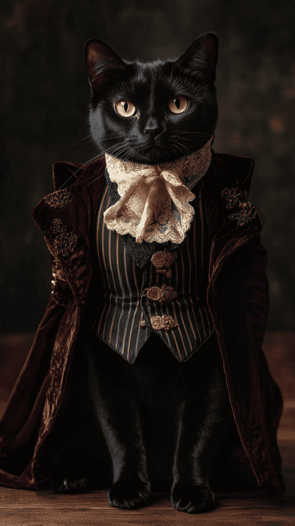 A cat in refined Victorian attire rests with quiet dignity, its velvet coat and lace cravat capturing timeless elegance. Every detail adds to the charm without overshadowing its natural poise.