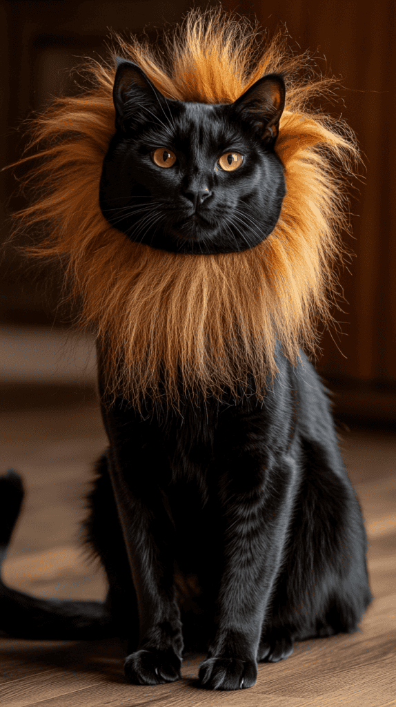 A cat channels the spirit of a lion with its soft mane and subtle costume details. Graceful and composed, it balances wild charm with feline ease.