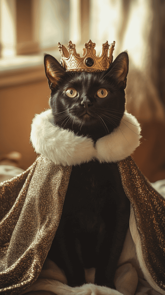 A cat dressed in a regal cape and soft crown strikes a proud pose, every detail echoing classic royal elegance. Rich fabrics and subtle accents bring a touch of majesty to this charming scene.