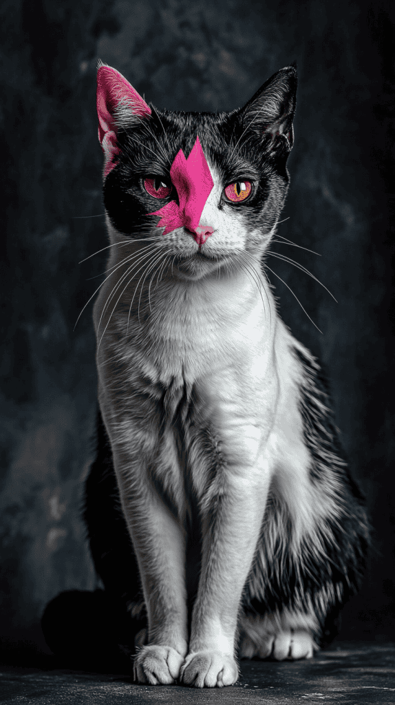 A cat wears precise face paint with a triangle nose, painted whiskers, and shimmering eyelids, all clearly visible against its natural fur. The stylized features enhance its expression without hiding its feline form.