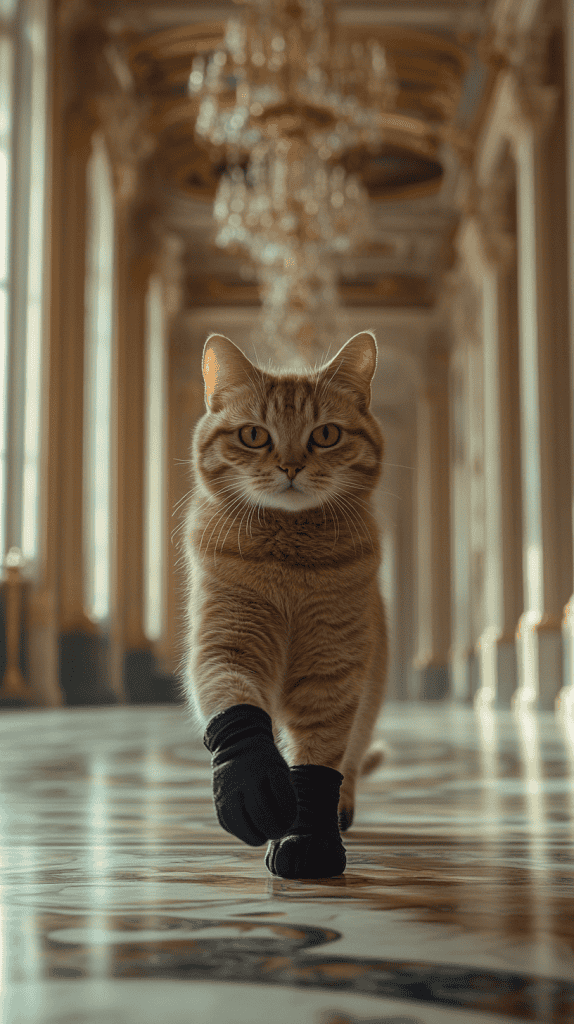A cat wears small, clearly visible black gloves on its front paws while calmly posed on all fours. The refined backdrop, filled with soft textures and subtle regal details, enhances the cat’s quiet elegance.