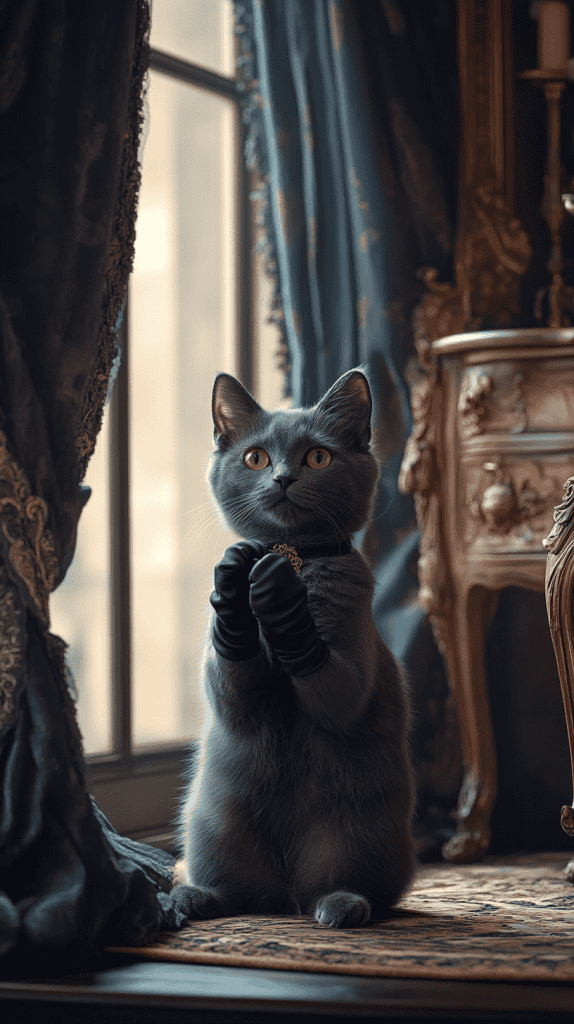 A cat wears small, clearly visible black gloves on its front paws while calmly posed on all fours. The refined backdrop, filled with soft textures and subtle regal details, enhances the cat’s quiet elegance.
