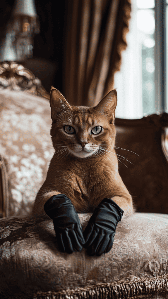 A cat wears small, clearly visible black gloves on its front paws while calmly posed on all fours. The refined backdrop, filled with soft textures and subtle regal details, enhances the cat’s quiet elegance.