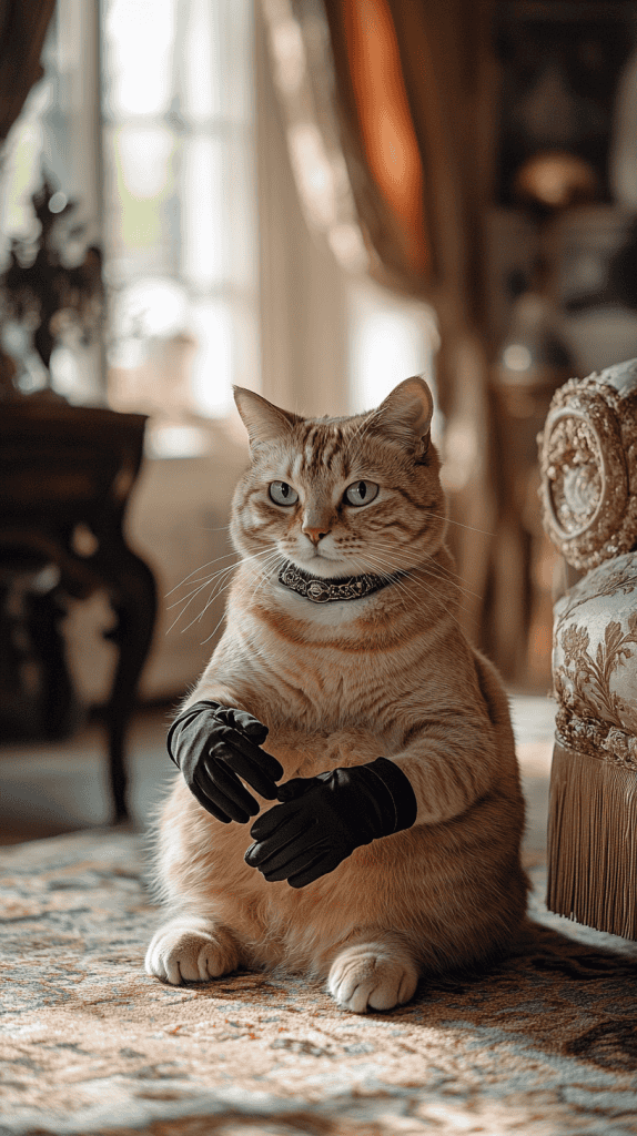 A cat wears small, clearly visible black gloves on its front paws while calmly posed on all fours. The refined backdrop, filled with soft textures and subtle regal details, enhances the cat’s quiet elegance.