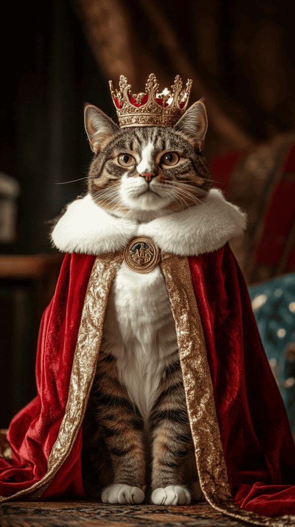 A cat dressed in a regal cape and soft crown strikes a proud pose, every detail echoing classic royal elegance. Rich fabrics and subtle accents bring a touch of majesty to this charming scene.