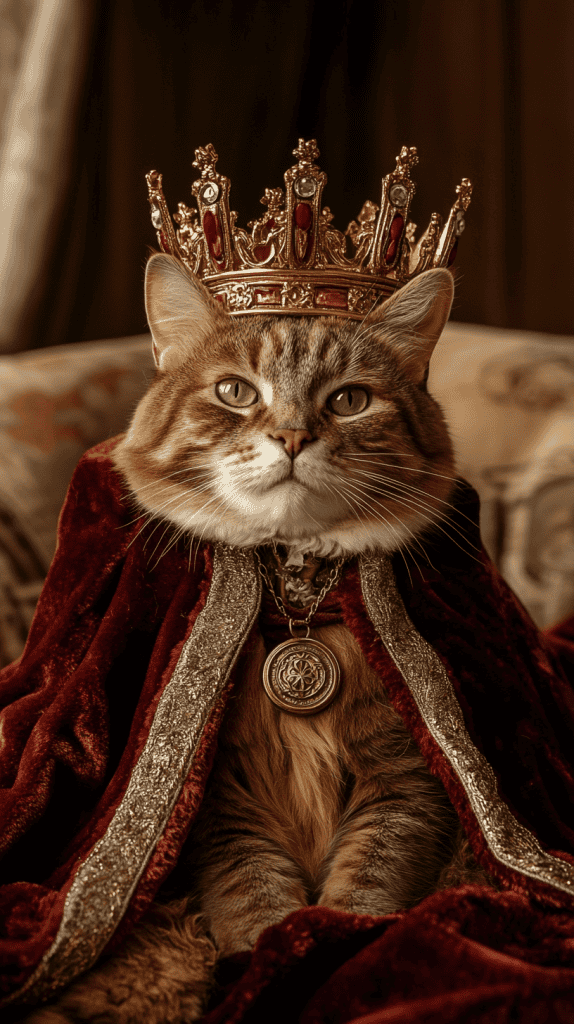 A cat dressed in a regal cape and soft crown strikes a proud pose, every detail echoing classic royal elegance. Rich fabrics and subtle accents bring a touch of majesty to this charming scene.