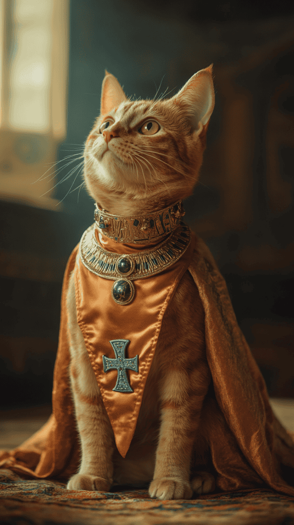 A cat wears regal Egyptian attire with effortless grace, its golden tunic and soft collar echoing the elegance of ancient royalty. Every detail highlights comfort without dimming its royal presence.