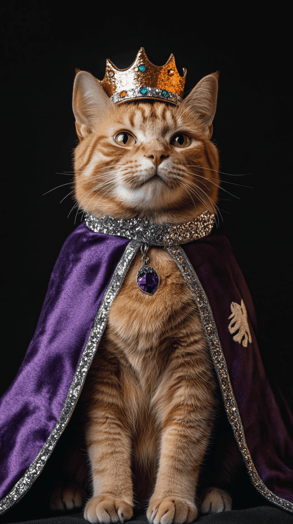 A cat draped in velvet and crowned in soft jewels channels the splendor of medieval royalty. Subtle crests and silver accents add a noble finish to its regal stance.