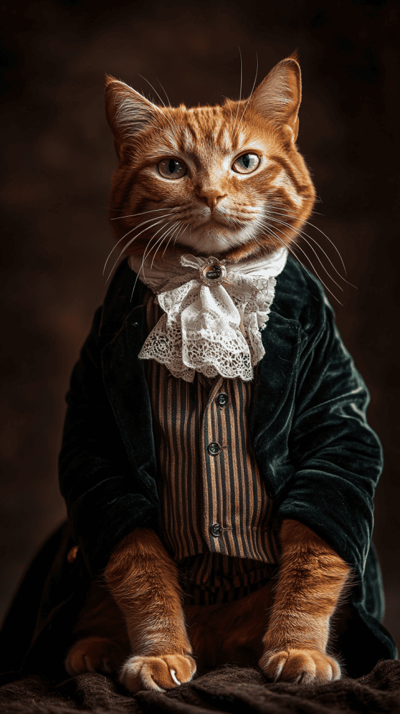 A cat in refined Victorian attire rests with quiet dignity, its velvet coat and lace cravat capturing timeless elegance. Every detail adds to the charm without overshadowing its natural poise.