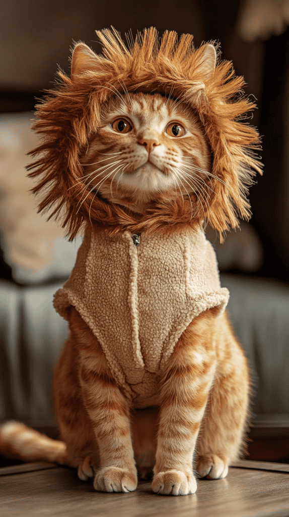 A cat channels the spirit of a lion with its soft mane and subtle costume details. Graceful and composed, it balances wild charm with feline ease.